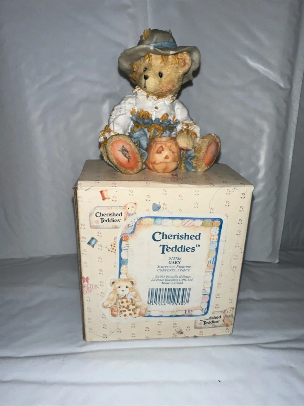 Cherished Teddies Blue and Cream Bear Figurine with Pumpkin